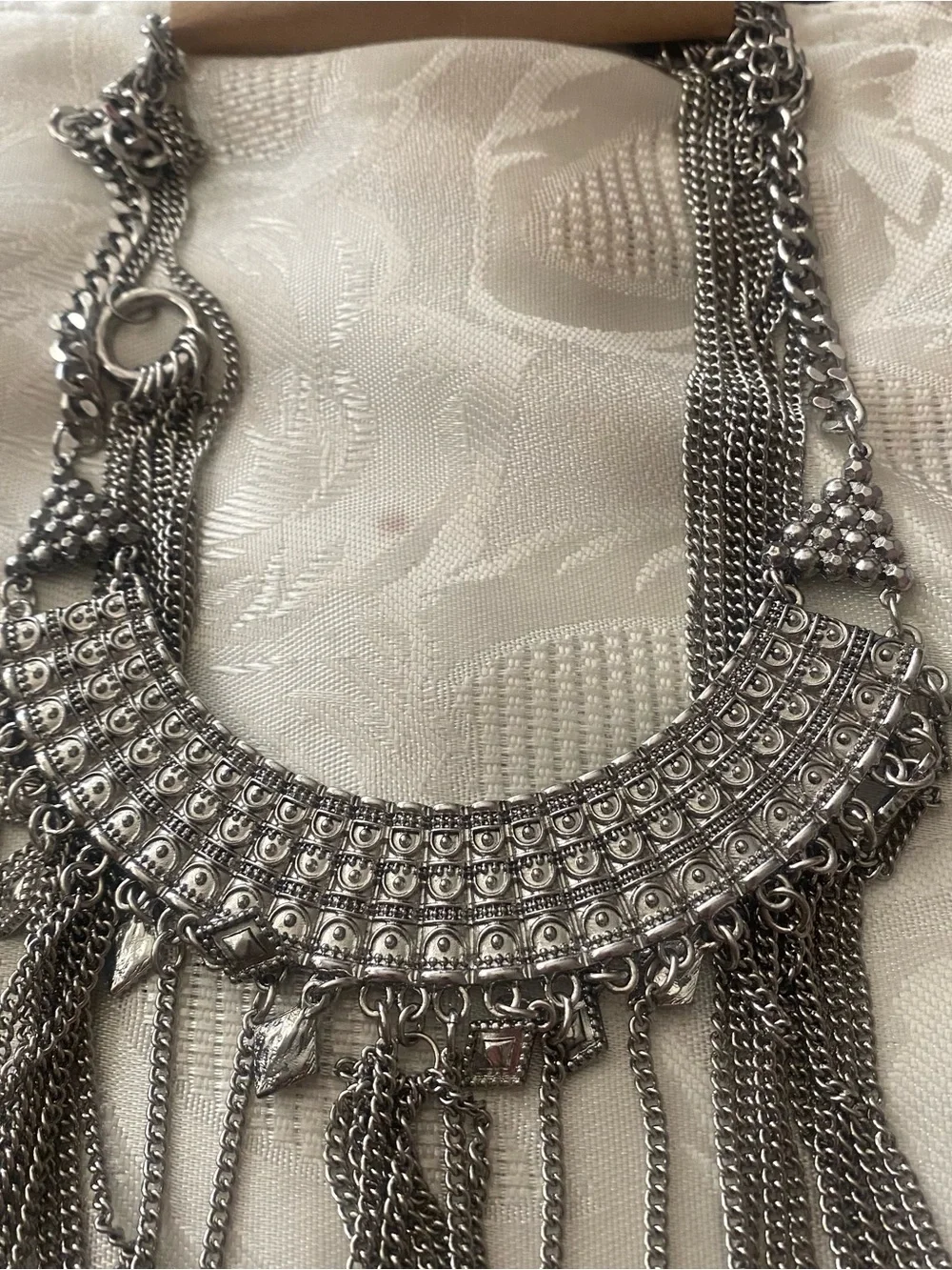 Wild Flower Silver Tone Long Statement Bib Necklace Fringe Festival Boho New NWT